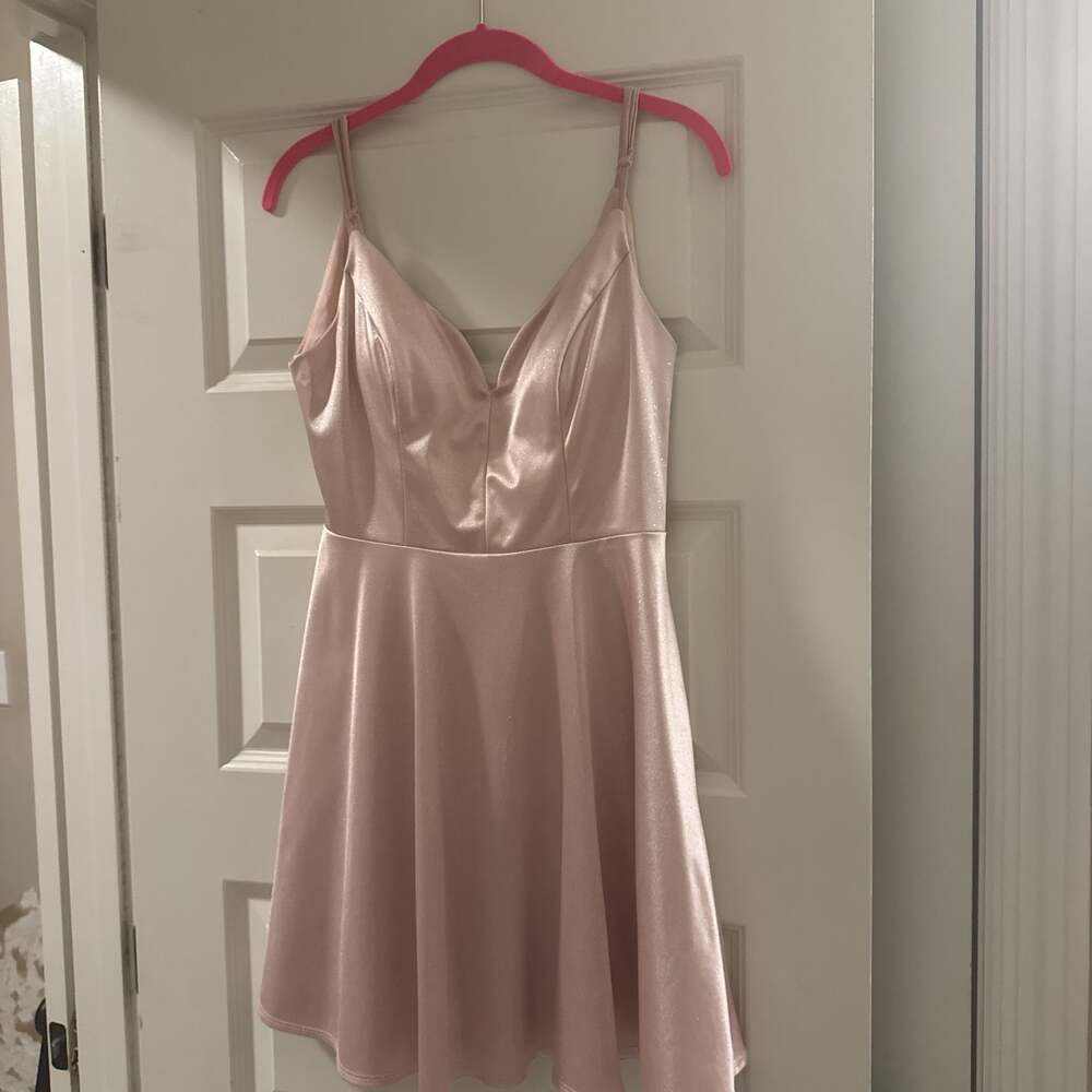 Sequin Hearts Satin V-Neck Fit & Flare Homecoming Dress with Pockets